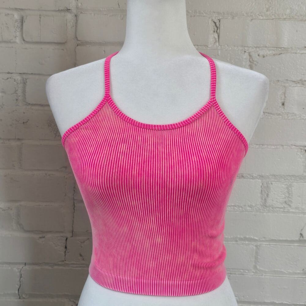 Hot Pink Mineral Wash Ribbed High Neck Crop Tank Top Seamless Womens Medium